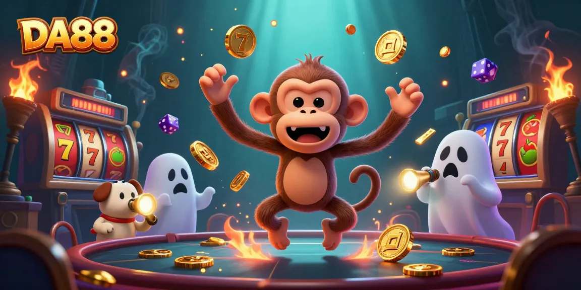 DA88 features engaging 3D illustration of a poltergeist monkey juggling casino elements and ghost-hunter puppy.