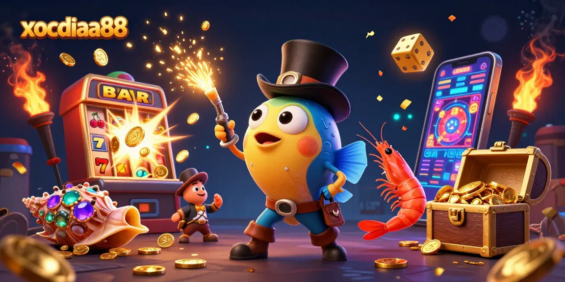 Xocdiaa88 offers thrilling slot games with a vibrant, animated scene of characters attracting coins.