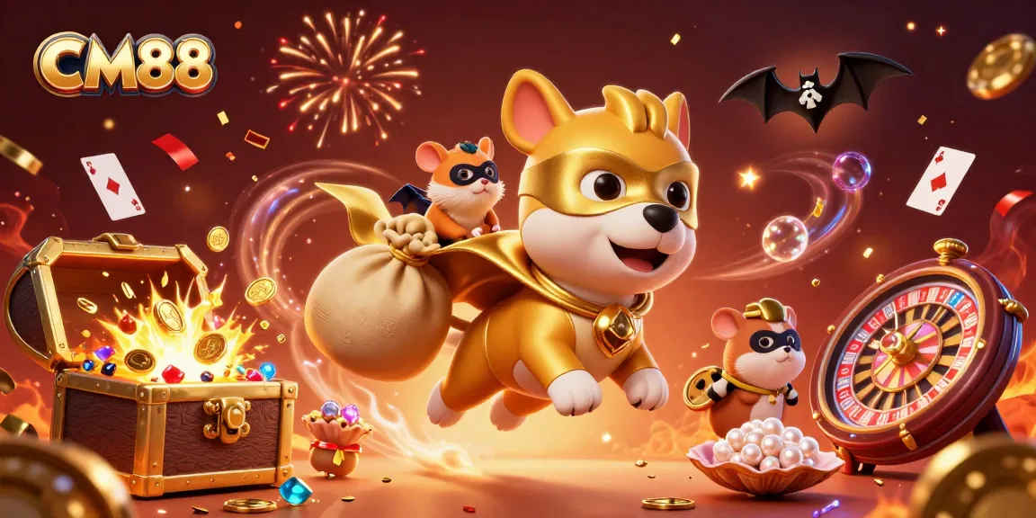 Experience CM88's thrilling adventure with a superhero dog and hamster amidst a festive casino scene.