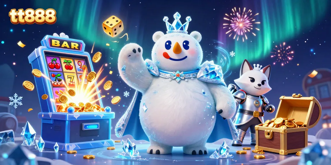 Spin the reels with tt888 in a vibrant 3D casino scene featuring an ice king and jackpot excitement.