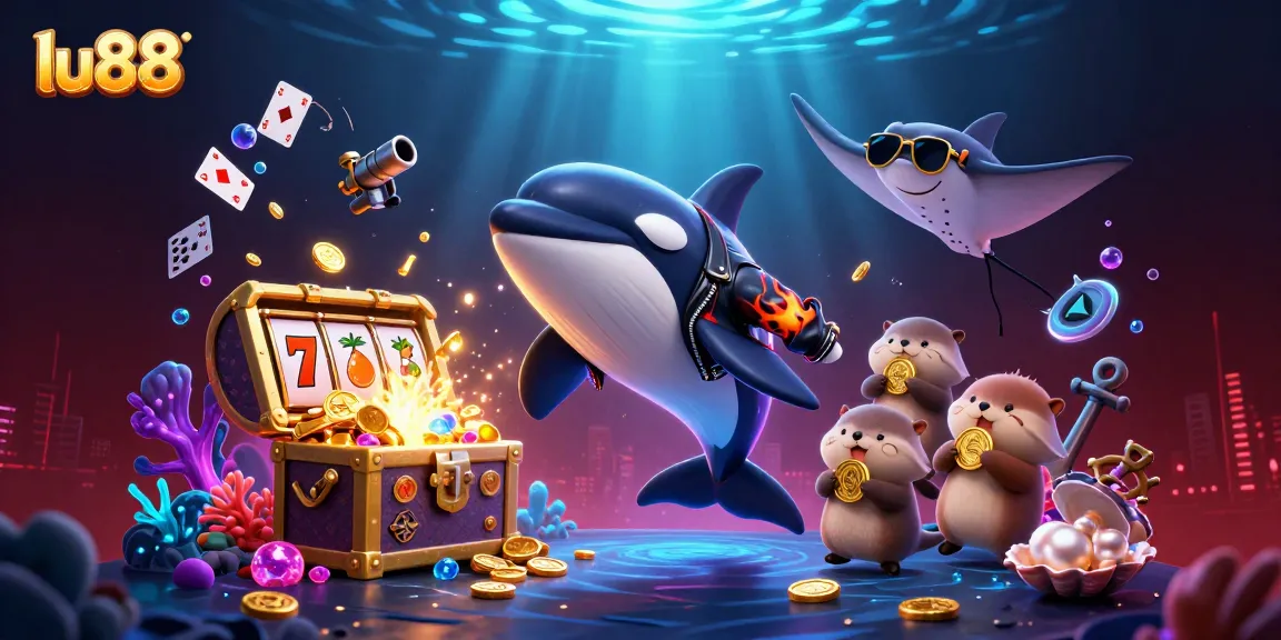 lu88 inspired 3D illustration showcasing an orca, stingray, and otters in a casino setting