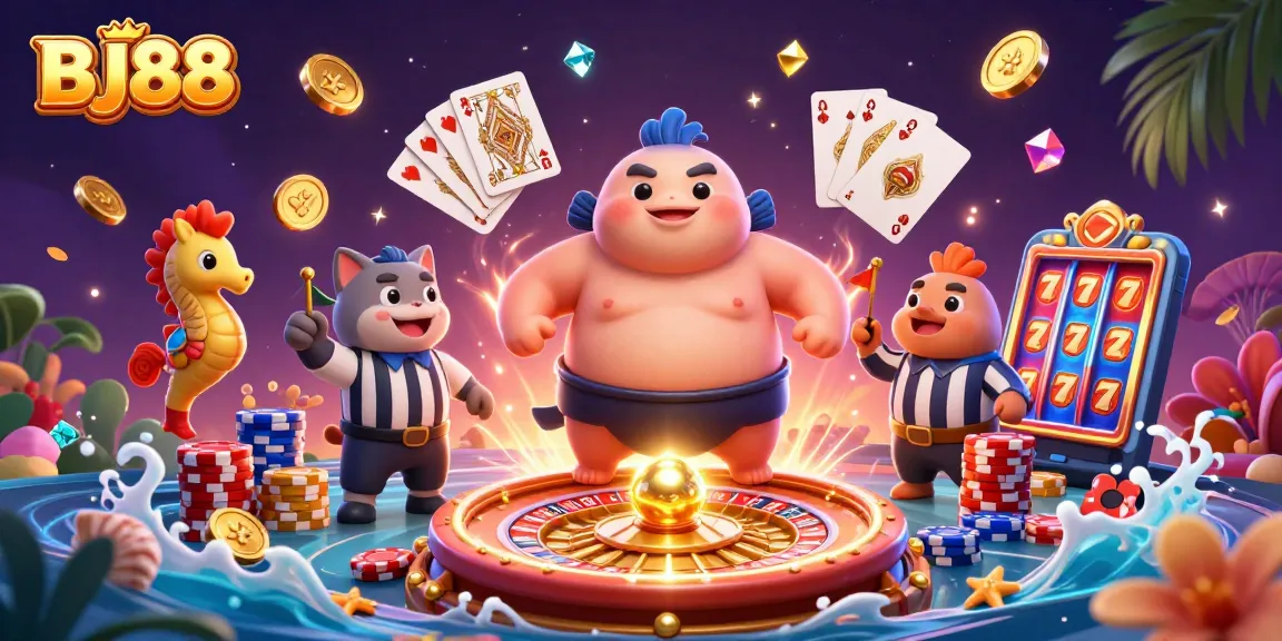 BJ88 fugu character in a vibrant casino scene featuring dynamic gaming elements and colorful decorations.