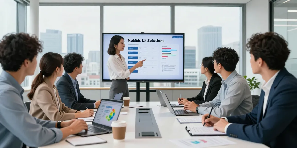 Team discussing business mobile contracts UK solutions in a modern office environment with engaging visuals.