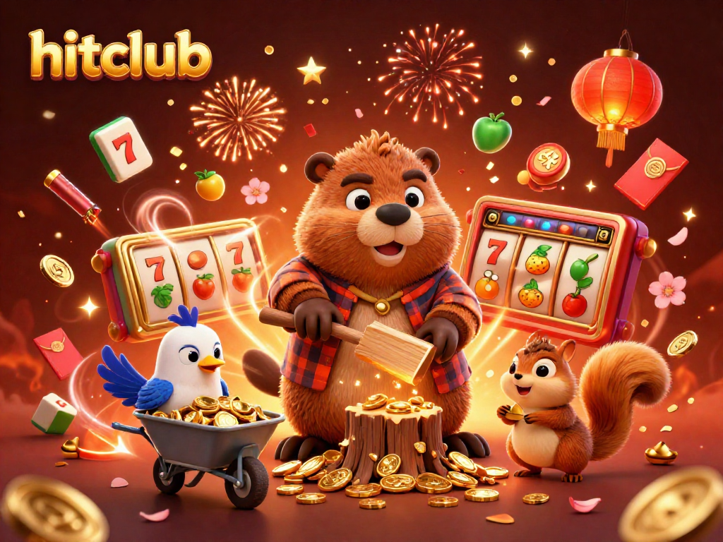 Hitclub features a vibrant scene with a beaver celebrating as golden coins rain in this online casino illustration.