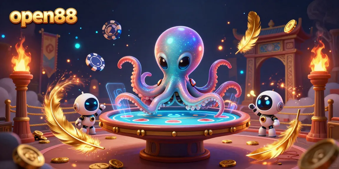 Engage with open88's elite casino experience, featuring an alien octopus at a vibrant poker table.