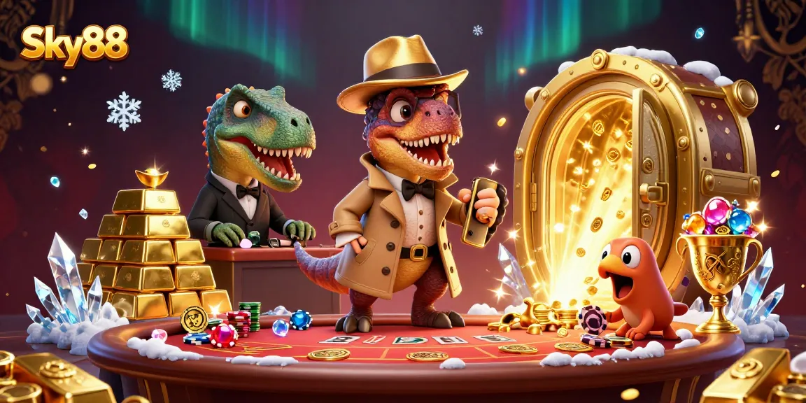 Sky88 showcases a thrilling scene with a velociraptor card counter at blackjack, amid treasures and vibrant casino elements.