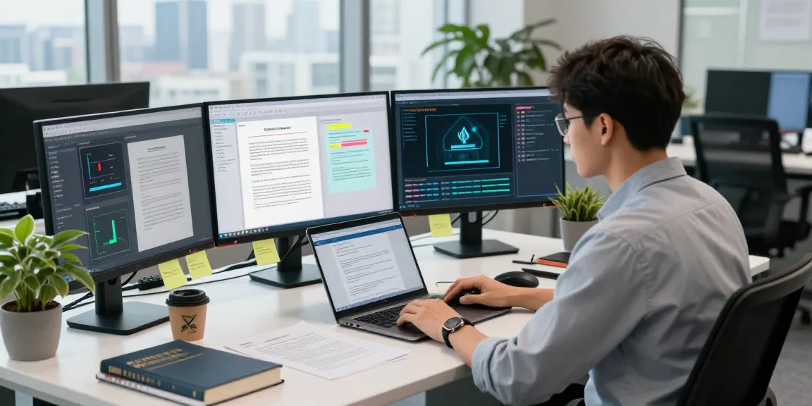 Advanced document fraud detection analysis in a high-tech office, showcasing software tools and legal documents.