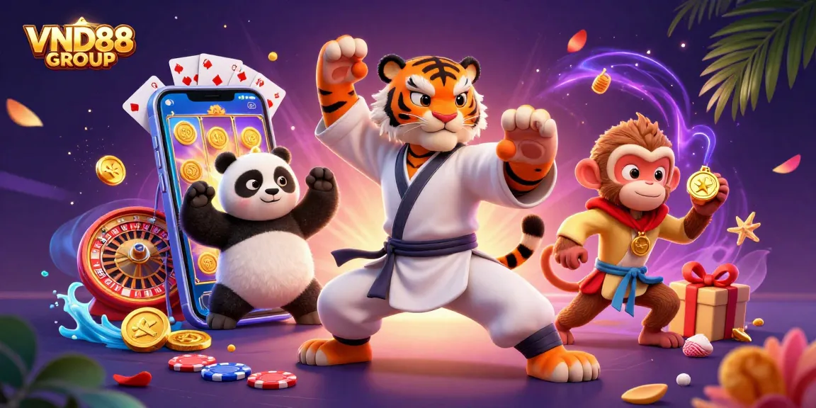 VND88 GROUP showcases an exciting gaming scene with a kung fu tiger, panda, and monkey highlighting the thrill of slots and gambling activities.